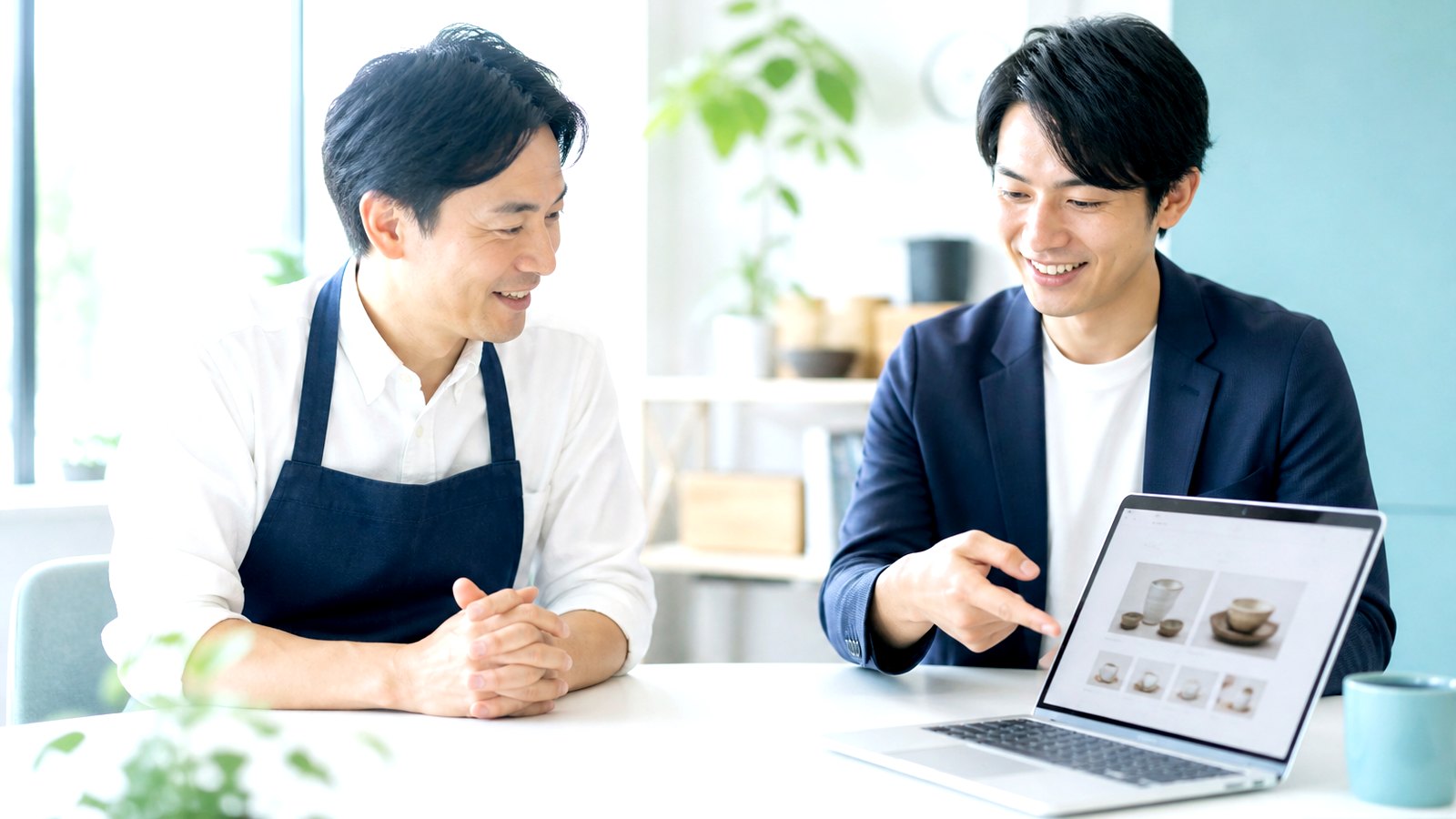 お店の方と一緒にサイトを確認する様子